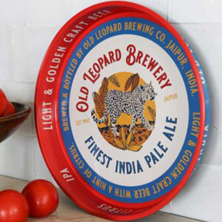 A colourful beer tray featuring a picture of a leopard  and the words, 'Old Leopard Brewery: Finest India Pale Ale'