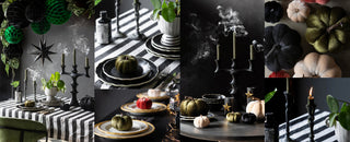 Halloween tablescapes with monochrome tableware, vekvet pumpkins and black and green dinner candles 