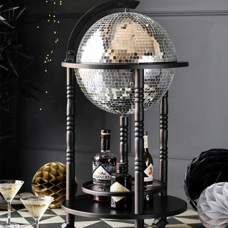 A Black and silver drinks trolley. 