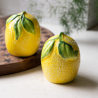 The Mediterranean Lemon Salt & Pepper Shakers displayed together on a kitchen worktop with a wooden serving board and a plant.