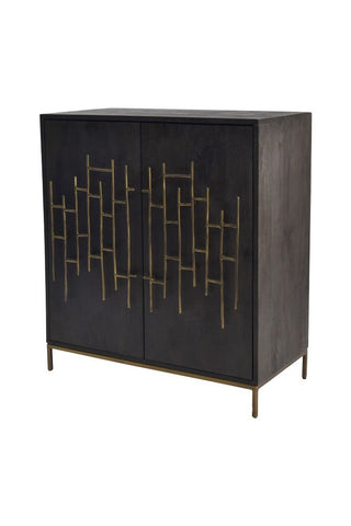 Mango wood cabinet finished in a black stain and featuring antique-style metal fretwork handles