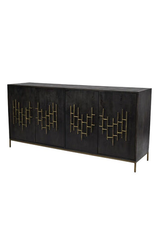 A beautiful black mango wood cabinet featuring antiqued-metal handles in bronze fretwork