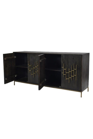 A mango wood cabinet, stained black, and featuring bronze-effect metal fretwork handles. Doors are open to demonstrate roominess and storage space.