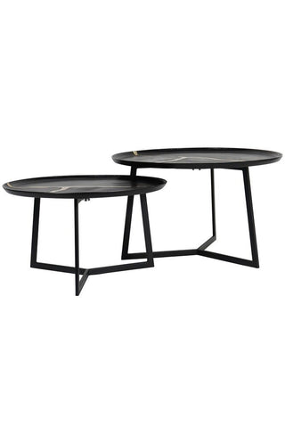 An image of two round tables, both with metal frames, one larger and one smaller, designed to be a set or 'nest' of tables 