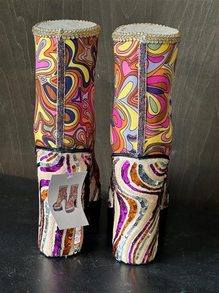 The back of the groovy platform boots with beads and sequins.