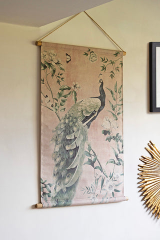 The Large Peacock Wall Art displayed on the wall with an art print and a wall decoration.