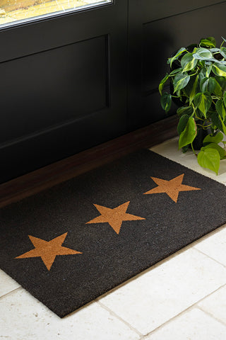 The Large Triple Star Doormat styled on the floor with a plant.