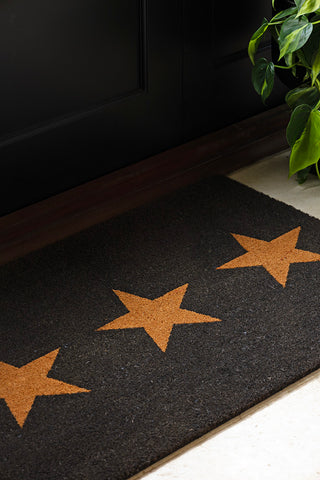 Close-up of the Large Triple Star Doormat styled on the floor next to a plant.