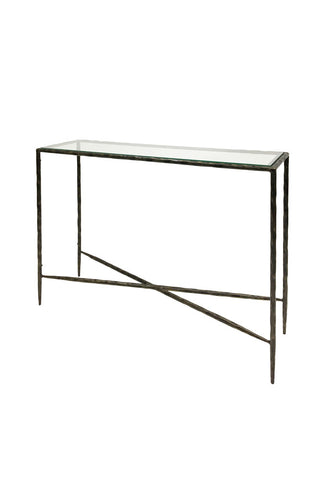 Metal and glass console table, featuring an iron cross support structure 