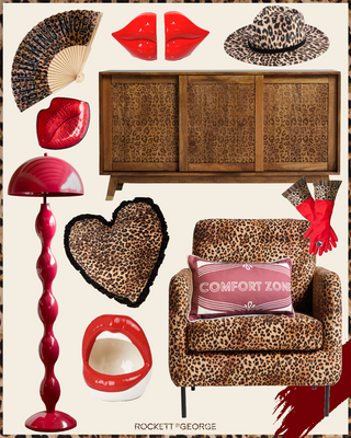 A get the look featuring lots of red and leopard print products and homeware.