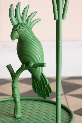 Close-up of the parrot on the Tropical Green Parrot Side Table.