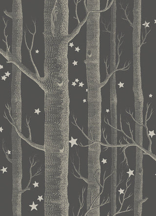 Close up image of Cole and Son printed wallpaper with tree and star design. 