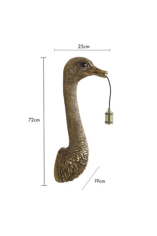 Cutout of the Antique Bronze Ostrich Wall Light with dimension details, on a white background.