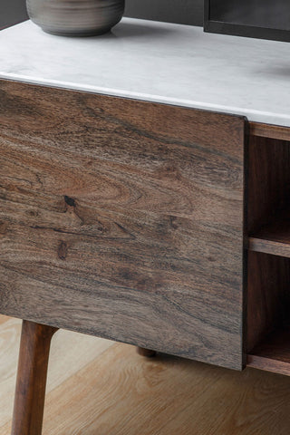 A detail image of the front of The Acacia Wood & Marble TV Unit