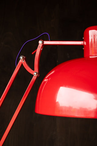 Detail shot of the the top of the Adjustable Red Task Floor Lamp with Purple Flex.