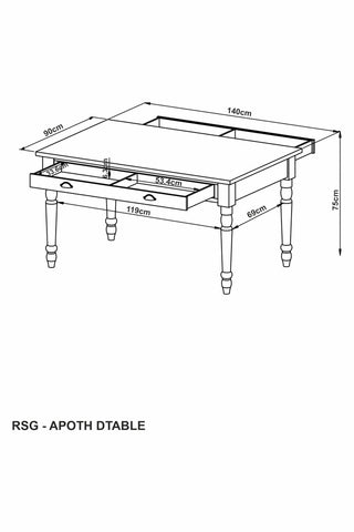 Image showing the Apothecary Dining Table and its dimensions.