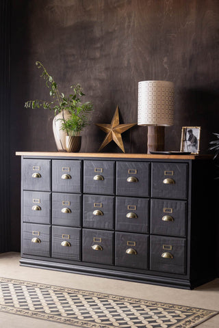 The Apothecary Sideboard styled in front of a dark wooden wall with various home accessories and plants.