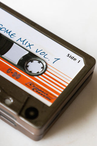 Close-up of one corner of the Awesome Mix Cassette Tape Storage Tin.