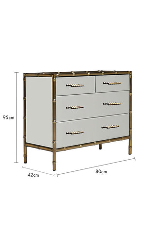 Cutout of the Mirrored Bamboo Effect Chest Of Drawers with dimension details, on a white background.