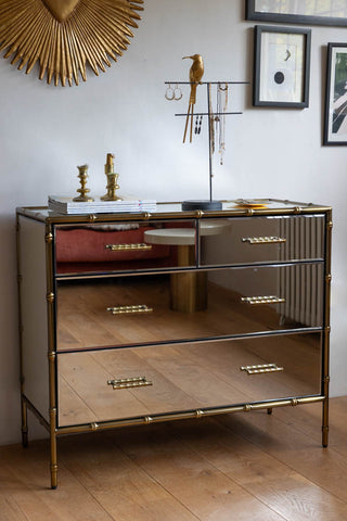 The Mirrored Bamboo Effect Chest Of Drawers styled in front of a white wall, with various home accessories styled on top and on the wall behind.