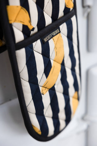 Detail shot of the design of the Banana Black & White Stripe Oven Gloves.