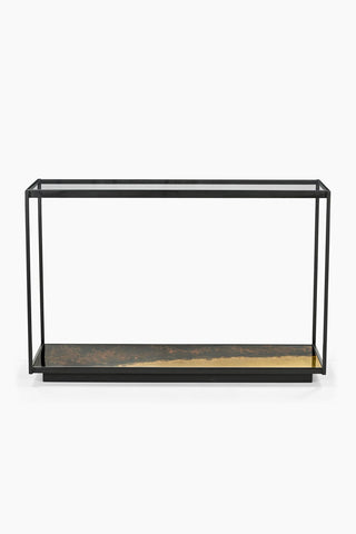 Cutout of the Beautiful Burnished Metal & Glass Console Table on a white background.