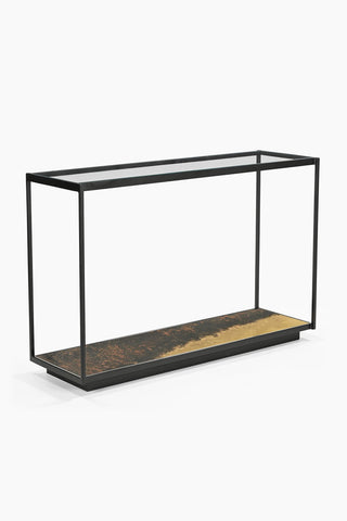 Cutout of the Beautiful Burnished Metal & Glass Console Table seen from an angle.