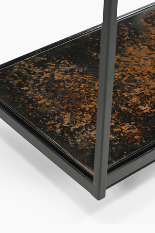 Detail shot of the base of the Beautiful Burnished Metal & Glass Console Table.