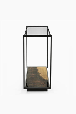 Cutout of the Beautiful Burnished Metal & Glass Console Table seen from the side.