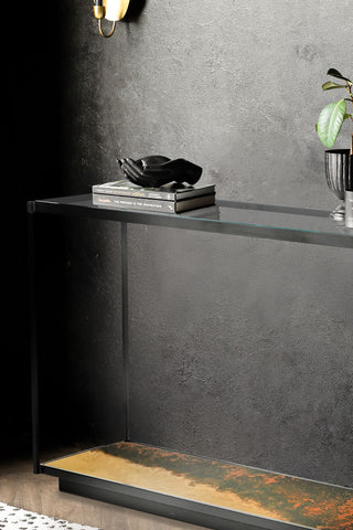 Close-up of the Beautiful Burnished Metal & Glass Console Table with some accessories on.