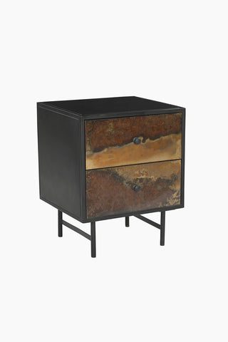 Cutout of the Beautiful Burnished Metal Bedside Table, seen from an angle.