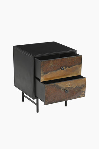 Cutout of the Beautiful Burnished Metal Bedside Table with the drawers open, seen from an angle.