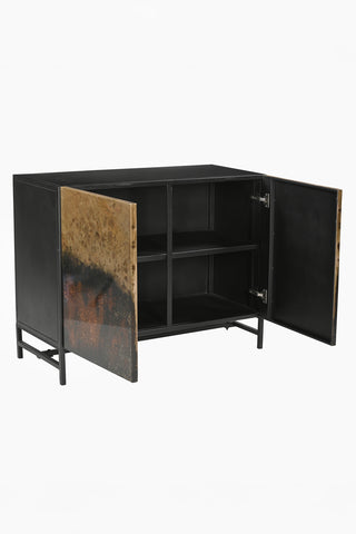 Cutout of the Beautiful Burnished Metal Sideboard with the doors open.