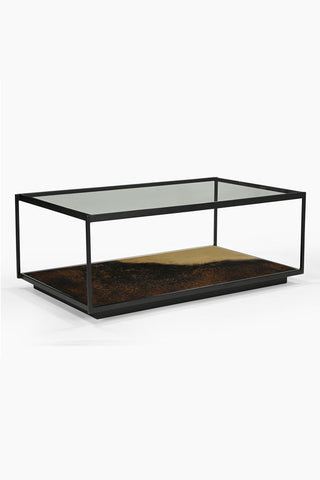 Cutout of the Beautiful Burnished Metal & Glass Coffee Table seen from an angle.