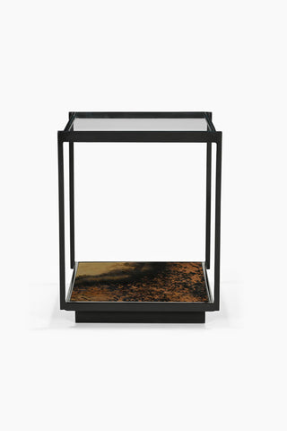 Cutout of the Beautiful Burnished Metal & Glass Side Table on a white background.