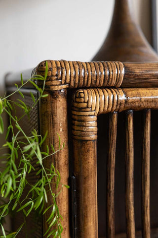 A chic dark brown rattan cabinet with curved detailing on its two doors, bringing a rustic and sophisticated charm to a contemporary interior space.