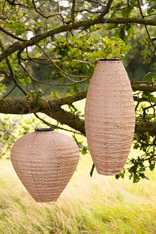 The Bell Shaped Peach Outdoor Garden Lantern with the matching oval version, hanging from tree branches.