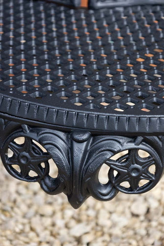 Detail shot of the design of the Black Antique-Style Garden Bench.