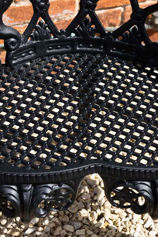 Detail shot of the seat of the Black Antique-Style Garden Bench.