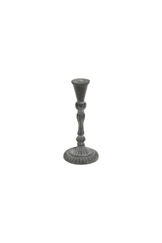 Cutout of the Short Black Antique Zinc Style Candlestick Holder on a white background.