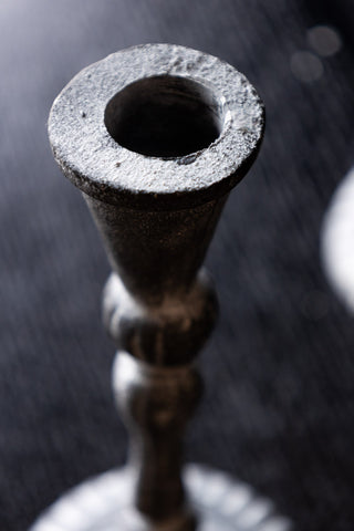 Close-up of the candle opening at the top of the Short Black Antique Zinc Style Candlestick Holder.