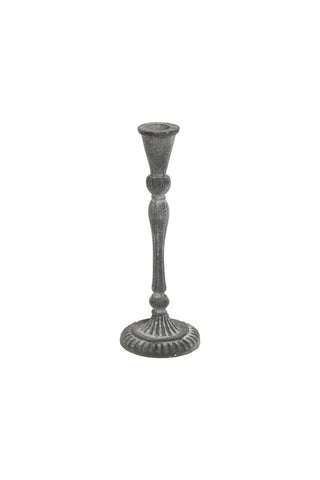 Cutout of the Tall Black Antique Zinc Style Candlestick Holder on a white background.