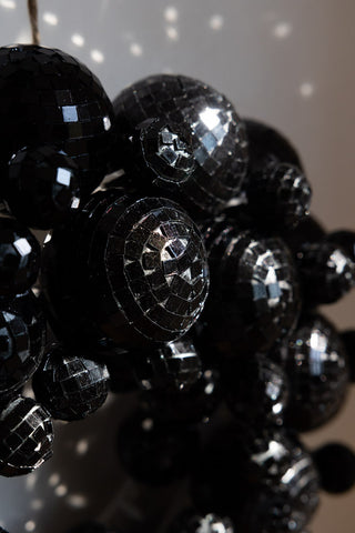 Detail shot of the Black Disco Ball Wreath.