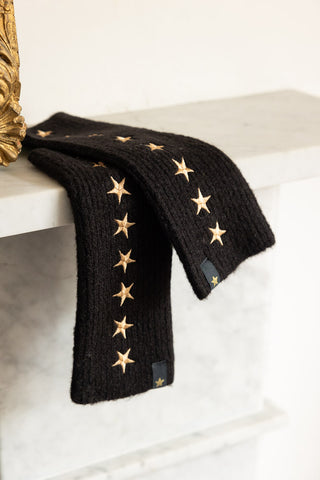 The Black Handwarmers With Gold Stars displayed hanging from the edge of a shelf next to an ornate gold frame.