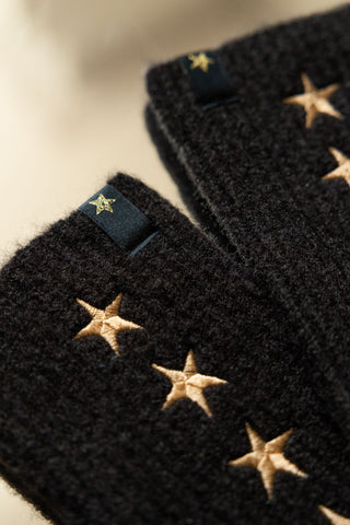 Detail shot of the Black Handwarmers With Gold Stars.