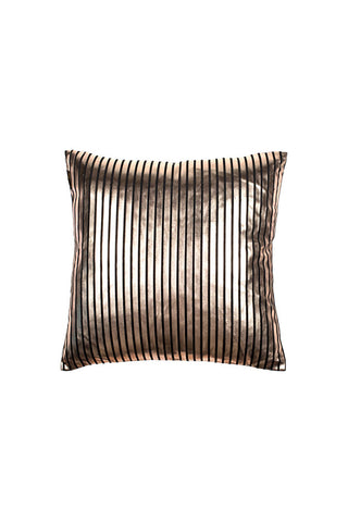 Cutout of the Black & Gold Striped Cushion on a white background.