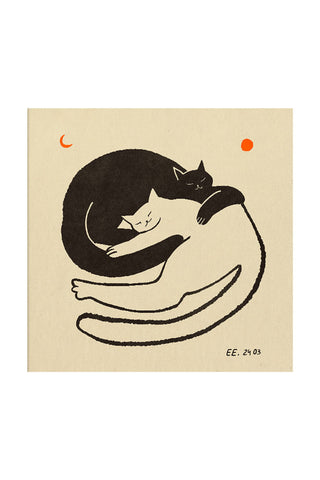 Two cuddle cats, hugging under an orange moon. The print is unframed on a white background.