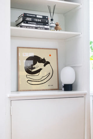 Two cuddle cats on a white shelving unit, framed.