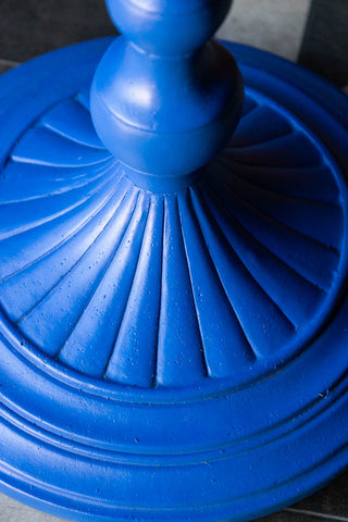 Detail shot of the design on the base of the Bold Blue Parrot Floor Lamp with Shade.