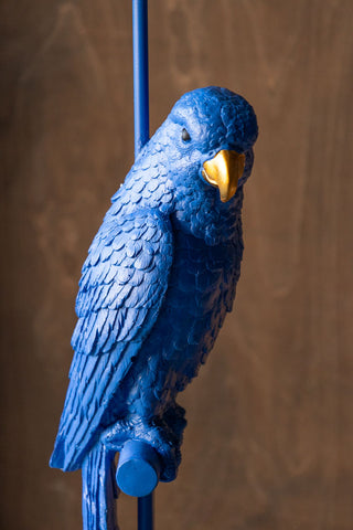 Close-up of the parrot on the Bold Blue Parrot Floor Lamp with Shade.